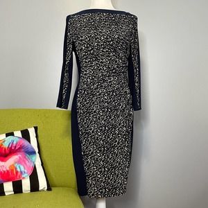 Ralph Lauren Blue Cream Jersey Ruched Side Sheath Dress 10 Work Cocktail